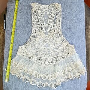 Cream White Lace Embroidered Sheer Tulle Cover Up Tank Top Shirt Blouse